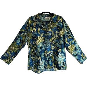 Chicos 100% Silk Turtle Floral Mosaic Button Up Top Sz XL Art To Wear Ocean Sea